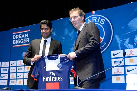  Fotboll, Paris Saint German: Nasser Al Khelaifi / Laurent BLANC - 27.06.2013 - Presentation du nouvel entraineur du Paris Saint Germain - Conference de Presse - 