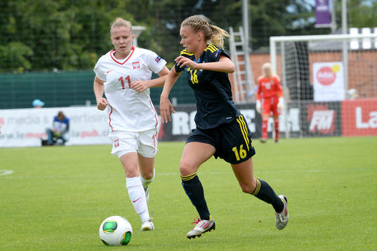 Nyon, 28 Juin 2013; Soccer; UEFA Championship Under 17 Women; Poland - Sweden. Picture show from l. t r. Dominika Deren and Amanda Östervall.