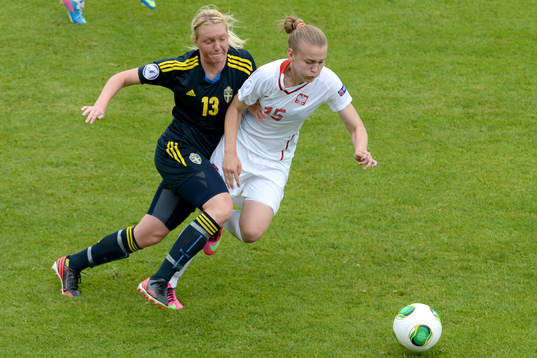 Nyon, 28 Juin 2013; Soccer; UEFA Championship Under 17 Women; Poland - Sweden. Picture show from l. t r. Jennifer Karlsson and Gabriela Grzywinska