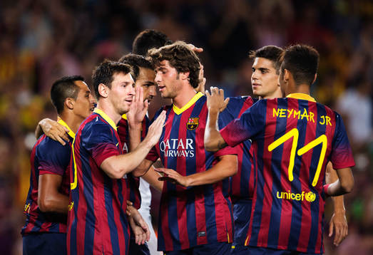 Barcelonas Lionel Messi (andra från vänster) och Neymar Jr (längst till höger) jublar efter 5-0-målet