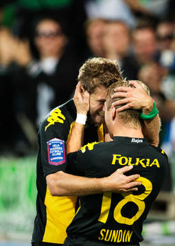 Hammarbys Christophe Lallet och Erik Sundin jublar efter 0-2-målet