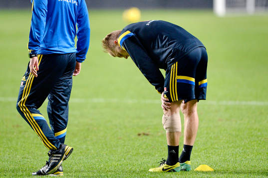Sveriges Sebastian Larsson skadas på vänster ben och får lämna träningen den 14 november 2013 i Lissabon.