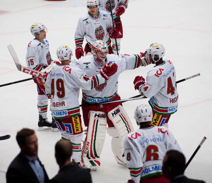 Modos målvakt Linus Ullmark jublar när slutsignalen