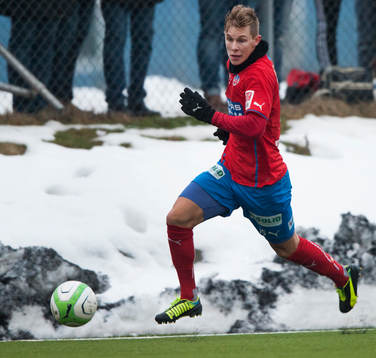  Helsingborgs Emil Krafth i träningsmatchen mellan Helsingborg och Odense i Helsingborg 6 februari 2014.