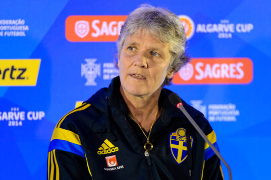 Pia Sundhage, förbundskapten Sverige, på en presskonferens