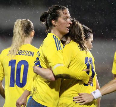  Fotboll, Dam, VM-Kval, Nordirland - Sverige: Sweden's Lina Nilsson celebrates her goal during this evenings game at Shamrock Park in Portadown.  