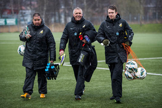 Häckens ledare Juan Carlos Reina Riviera, Teddy Olausson och Emil Alexandersson i fotbollsmatchen mellan BK Häcken och Landskrona BoIS i U19 Allsvenskan Södra den 05 januari 2014 i Göteborg .