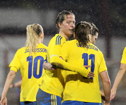  Fotboll, Dam, VM-Kval, Nordirland - Sverige: Sweden's Lina Nilsson celebrates her goal during this evenings game at Shamrock Park in Portadown.  