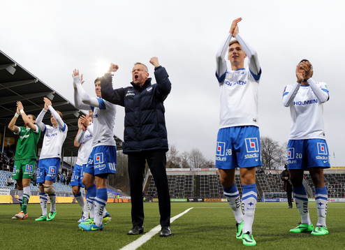 Norrköpings tränare Jan Andersson och Norrköpings Linus Wahlqvist jublar