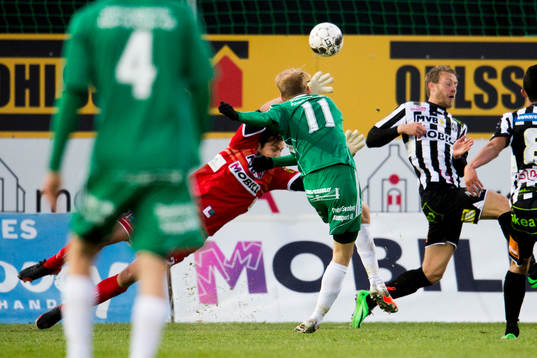 Ljungskiles Jacob Olsson skjuter men Landskronas målvakt