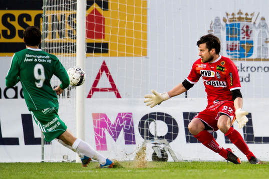 Ljungskiles Hannes Stiller kommer fri mot Landskronas