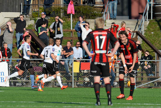 Shpetim Hasani (m) jublar efter att ha gjort 0-1