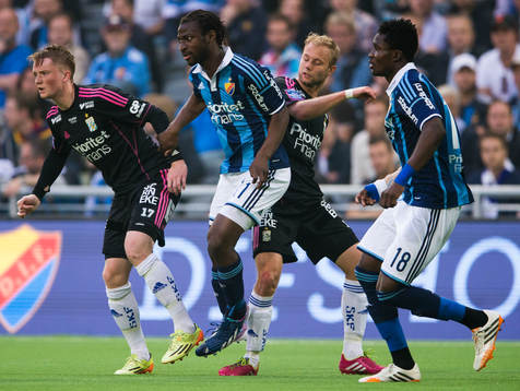 IFK Göteborgs Sam Larsson, Djurgårdens Amadou Jawo, IFK Göteborgs Robin Söder och Djurgårdens Daniel Amartey
