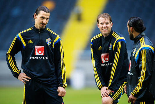 Zlatan Ibrahimovic, Ola Toivonen och Erkan Zengin på Sveriges fotbollandslags träning den 30 maj 2014 i Stockholm.