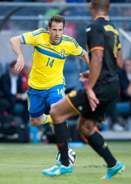 Sveriges Tobias Hysén i träningslandskampen i mellan Sverige och Belgien i Stockholm 1 juni 2014.