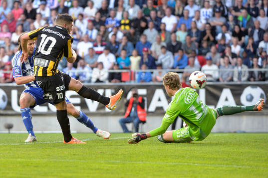 Häckens Moestafa El Kabir skjuter mot IFK Göteborgs målvakt Marcus Sandberg