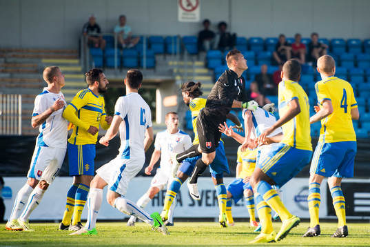 Slovakien målvakt Patrik Le Giang har boxat bort en boll