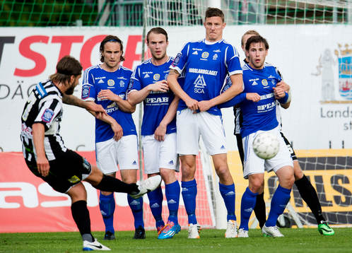 Landskronas Andreas Dahl skjuter en frispark ochi  GIF