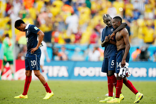  Football - France v Germany - FIFA World Cup Brazil 2014 - Quarter Final - Estadio do Maracana, Rio de Janeiro, Brazil - 4/7/14 France's Blaise Matuidi (R), Mamadou Sakho and Loic Remy (L) look dejected at the end of the match  