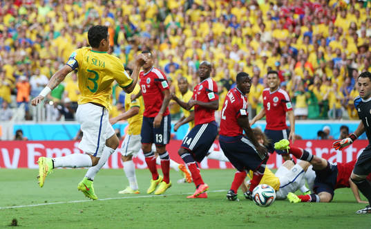  Football - Brazil v Colombia - FIFA World Cup Brazil 2014 - Quarter Final - Estadio Castelao, Fortaleza, Brazil - 4/7/14 Thiago Silva scores the first goal for Brazil 