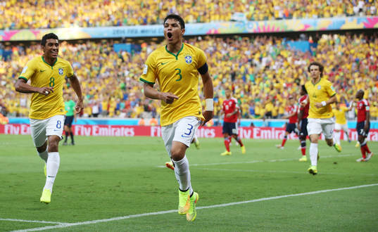  Football - Brazil v Colombia - FIFA World Cup Brazil 2014 - Quarter Final - Estadio Castelao, Fortaleza, Brazil - 4/7/14 Thiago Silva celebrates after scoring the first goal for Brazil 