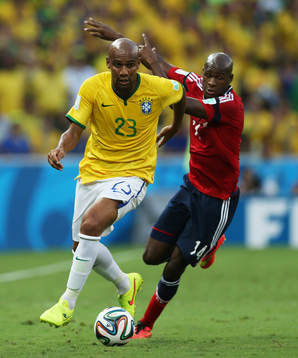  Football - Brazil v Colombia - FIFA World Cup Brazil 2014 - Quarter Final - Estadio Castelao, Fortaleza, Brazil - 4/7/14 Brazil's Maicon (L) in action with Colombia's Victor Ibarbo  