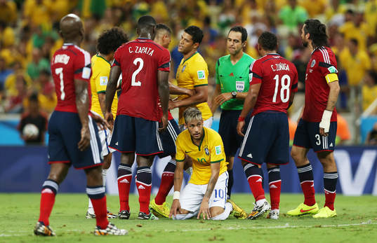  Football - Brazil v Colombia - FIFA World Cup Brazil 2014 - Quarter Final - Estadio Castelao, Fortaleza, Brazil - 4/7/14 Brazil's Neymar (C) after being fouled 