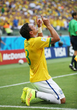  Football - Brazil v Colombia - FIFA World Cup Brazil 2014 - Quarter Final - Estadio Castelao, Fortaleza, Brazil - 4/7/14 Thiago Silva celebrates after scoring the first goal for Brazil 