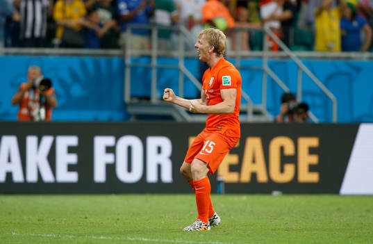  Football - Netherlands v Costa Rica - FIFA World Cup Brazil 2014 - Quarter Final - Arena Fonte Nova, Salvador, Brazil - 5/7/14 Holland's Dirk Kuyt celebrates winning the match after the penalty shootout 