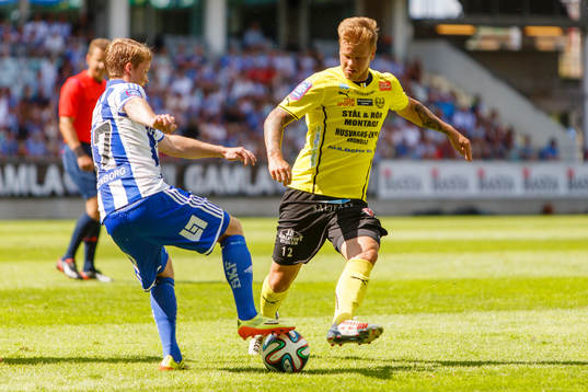 IFK Göteborgs Sam Larsson och Mjällbys David Löfquist i kamp om bollen
