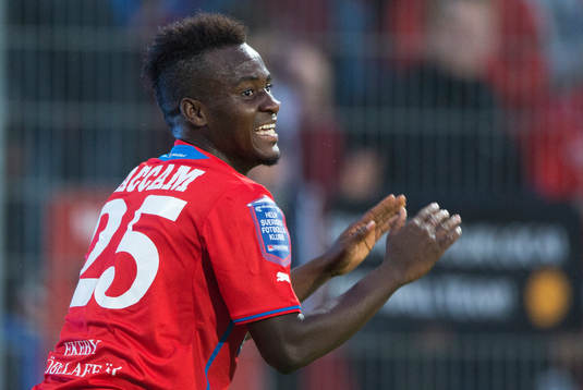 Helsingborgs David Accam i matchen i allsvenskan mellan Mjällby och Helsingborg i Hällevik 22 augusti 2014.
