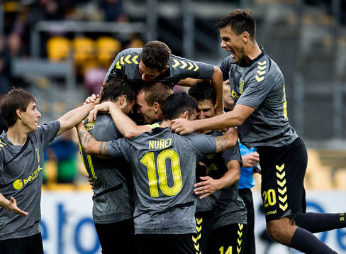  [DK=20140831: BIF-jubel efter målaet til 0-1 af Johan Elmander [UK=20140831: BIF celebration]