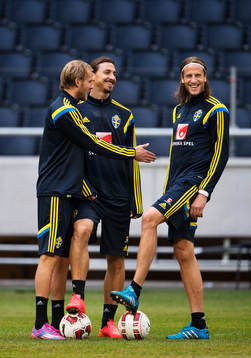 Ola Toivonen, Zlatan Ibrahimovic och Jonas Olsson pratar med varandra