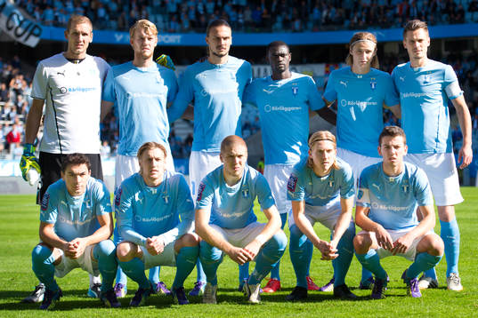  målvakt Robin Olsen, Filip Helander, Erik Johansson, Enock Kofi Adu, Pawel Cibicki, Markus Rosenberg, nedre raden: Ricardo Ferreira Da Silv, Emil Forsberg, Anton Tinnerholm, Simon Kroon och Erdal Rakip inför matchen i Allsvenskan mellan Malmö FF och Mjällby den 27 september 2014 i Malmö. 