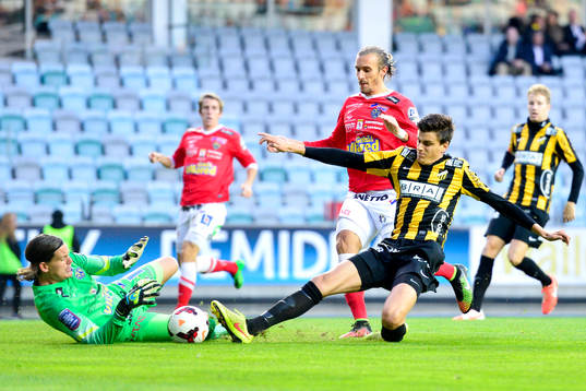 Häckens Alexander Jeremejeff och Falkenbergs målvakt Otto Martler
