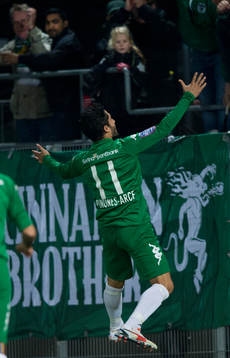  Hammarbys Pablo Pinones Arce har gjort 2-1 i matchen i superettan mellan Landskrona och Hammarby i Landskrona 5 oktober 2014.