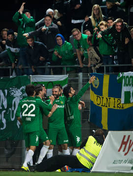  Hammarbys Pablo Pinones Arce har gjort 2-1 i matchen i superettan mellan Landskrona och Hammarby i Landskrona 5 oktober 2014.