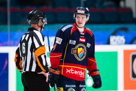 Djurgårdens Marcus Högström i samtal med Domare Sören
