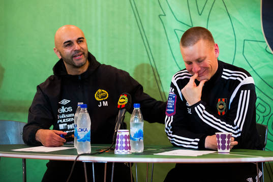 Elfsborgs tränare Jan Mian och Brommapojkarnas Brommapojkarnas tränare Stefan Billborn