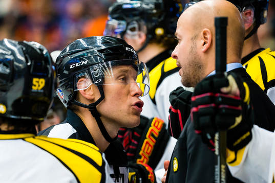 Domare Christoffer Karlsson pratar med Brynäs tränare