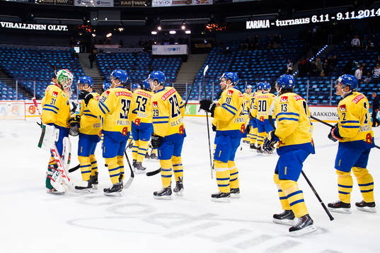 Sveriges spelare jublar med målvakt Anders Nilsson