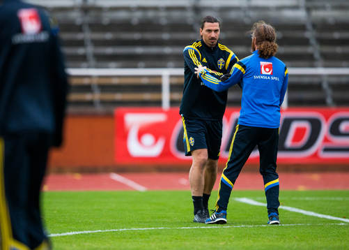 Sveriges Zlatan Ibrahimovic stretchar tillsammans med sjukgymnast Rickard Dahan