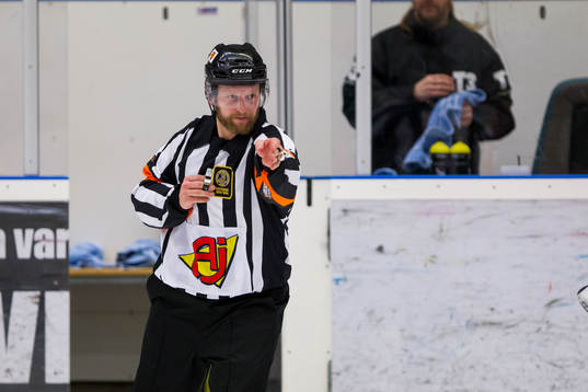 Domare Joakim Bodén dömer mål. Målet gjordes av Malmös