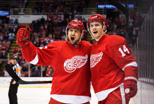 Detroits Tomas Tatar och Gustav Nyquist jublar