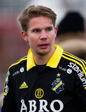 s Johan Blomberg under träningsmatchen i fotboll mellan AIK och Lahti den 24 januari 2015 i Stockholm. 
