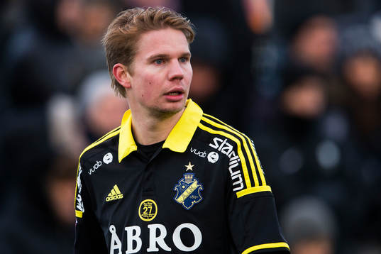 s Johan Blomberg under träningsmatchen i fotboll mellan AIK och Lahti den 24 januari 2015 i Stockholm. 