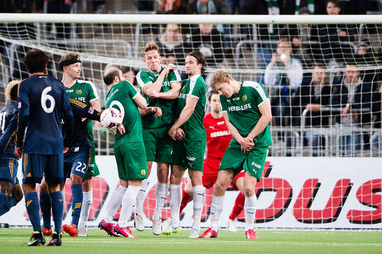 Hammarbys Thomas Guldborg Christensen, Kennedy Bakircioglu, Jan Gunnar Solli och Lars Saetra står uppställda i en mur