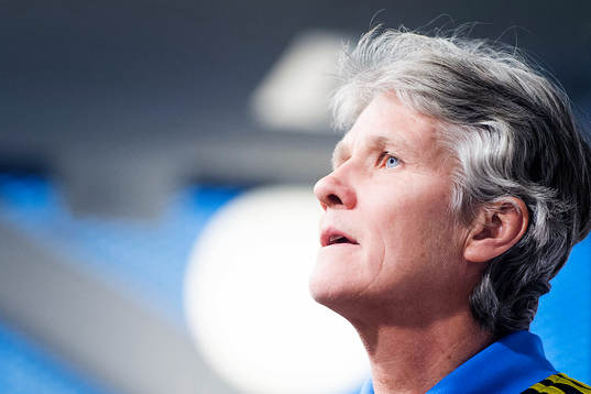 Sveriges förbundskapten Pia Sundhage presenterar truppen inför Algarve Cup