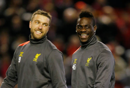  Football - Liverpool v Besiktas - UEFA Europa League Second Round First Leg - Anfield, Liverpool, England - 19/2/15 Liverpool's Mario Balotelli at half time with Rickie Lambert