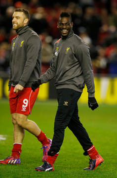  Football - Liverpool v Besiktas - UEFA Europa League Second Round First Leg - Anfield, Liverpool, England - 19/2/15 Liverpool's Mario Balotelli at half time with Rickie Lambert